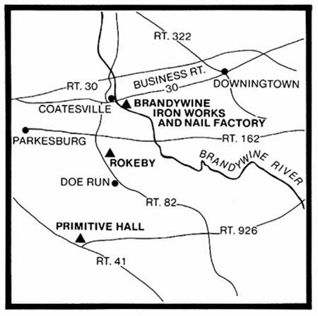 This map locates the Pennock homestead, Primitive Hall; Isaac Pennock’s first mill, the Federal Slitting Mill at Rokeby; and the Brandywine Iron Works & Nail Factory, now ArcelorMittal’s Coatesville Operations.