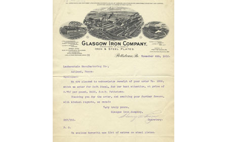 November 4, 1916 letter from Glasgow Iron Company to Laubenstein Company of Ashland, PA thanking them for the order of 