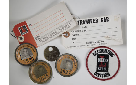 Lukens Steel Tag, Transfer Car Tag, Machine Shop Time Check Badge, Employee Badges, & Accounting Division PatchFrom the collection of NISHM