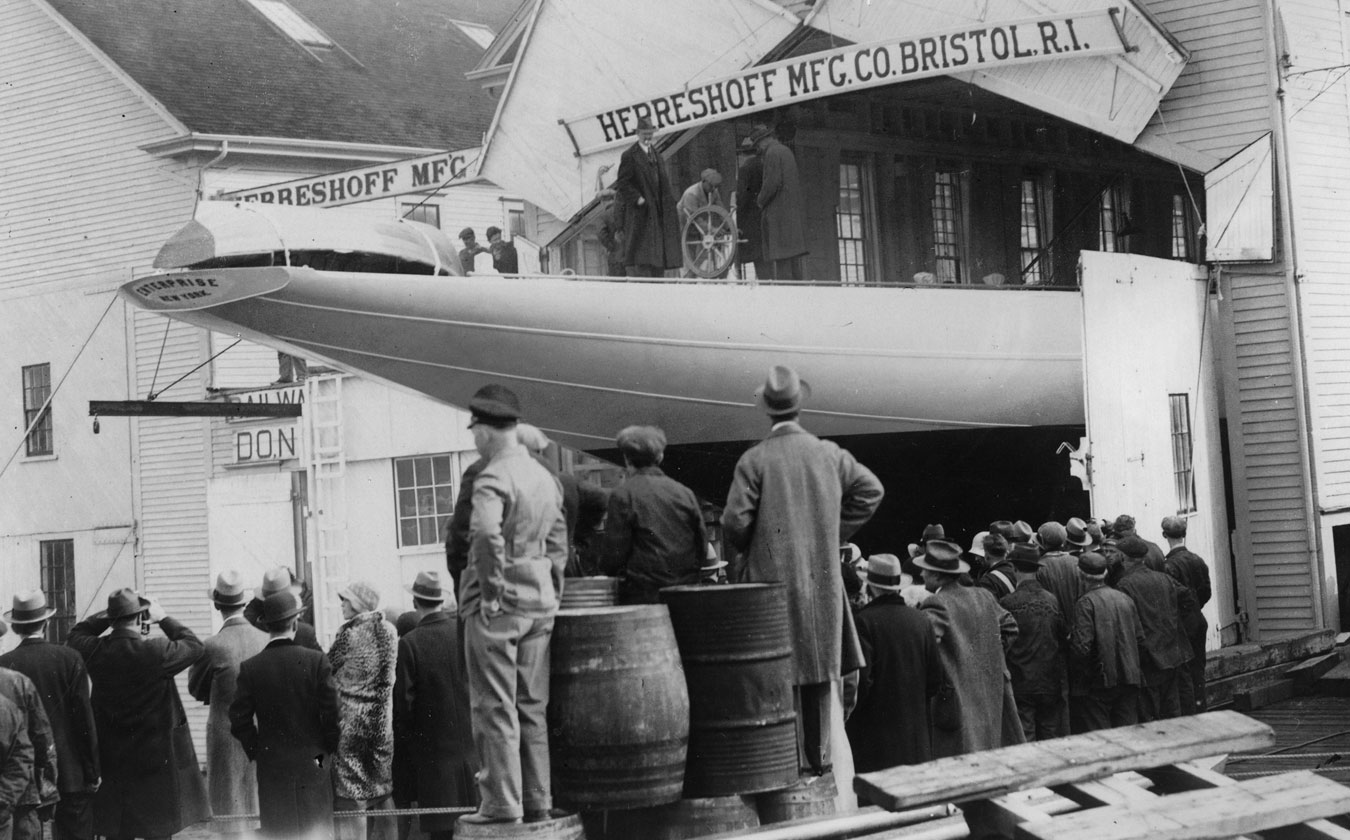 Photograph: Enterprise Launch — April 4, 1930 (Photographer: Tom Brightman)—Herreshoff Marine Museum